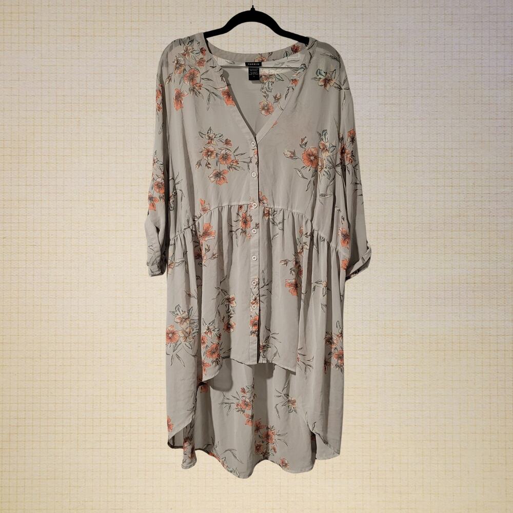 Cottagecore Torrid 3XL Sheer Floral Midi Tunic Dress Asymmetrical Hem 3/4 Sleevs